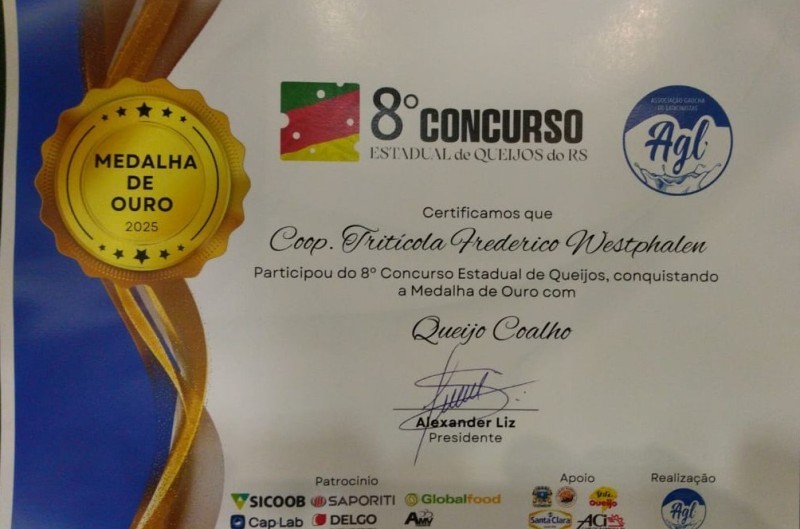 Laticínios Cotrifred conquista medalha de ouro no 8º Concurso Estadual de Queijos do RS na categoria Queijo de Coalho